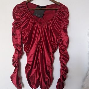 NWT Marc New York Women's Ruched long sleeve satin Blouse size L Red ♥️